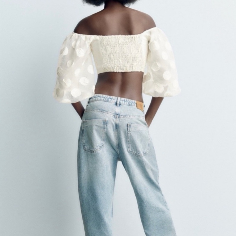 π ZARA BOHO IVORY POLKA DOT SHEER PUFF SLEEVE CROP TOP! - Picture 9 of 16